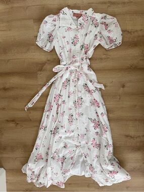 Women’s White Floral Button-Front Dress with Tie Waist